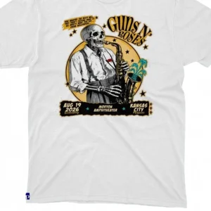 Guns N Roses Hollywood Tee Vintage Skeleton Saxophone Rock Band Graphic T-Shirt available at our Los Angeles warehouse