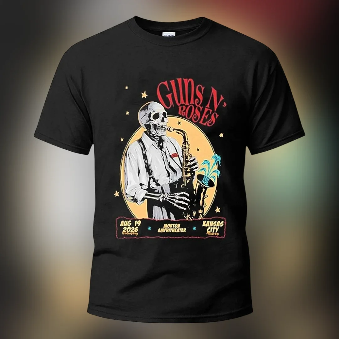 Guns N' Roses Kansas City Tour Aug 19 2026 Tee, Morton Amphitheater Skeleton Saxophone Concert Shirt available at our Los Angeles warehouse