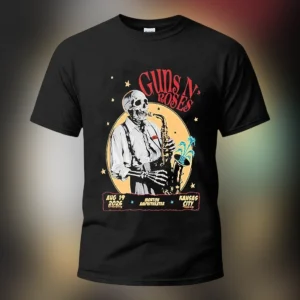 Guns N' Roses Kansas City Tour Aug 19 2026 Tee, Morton Amphitheater Skeleton Saxophone Concert Shirt available at our Los Angeles warehouse