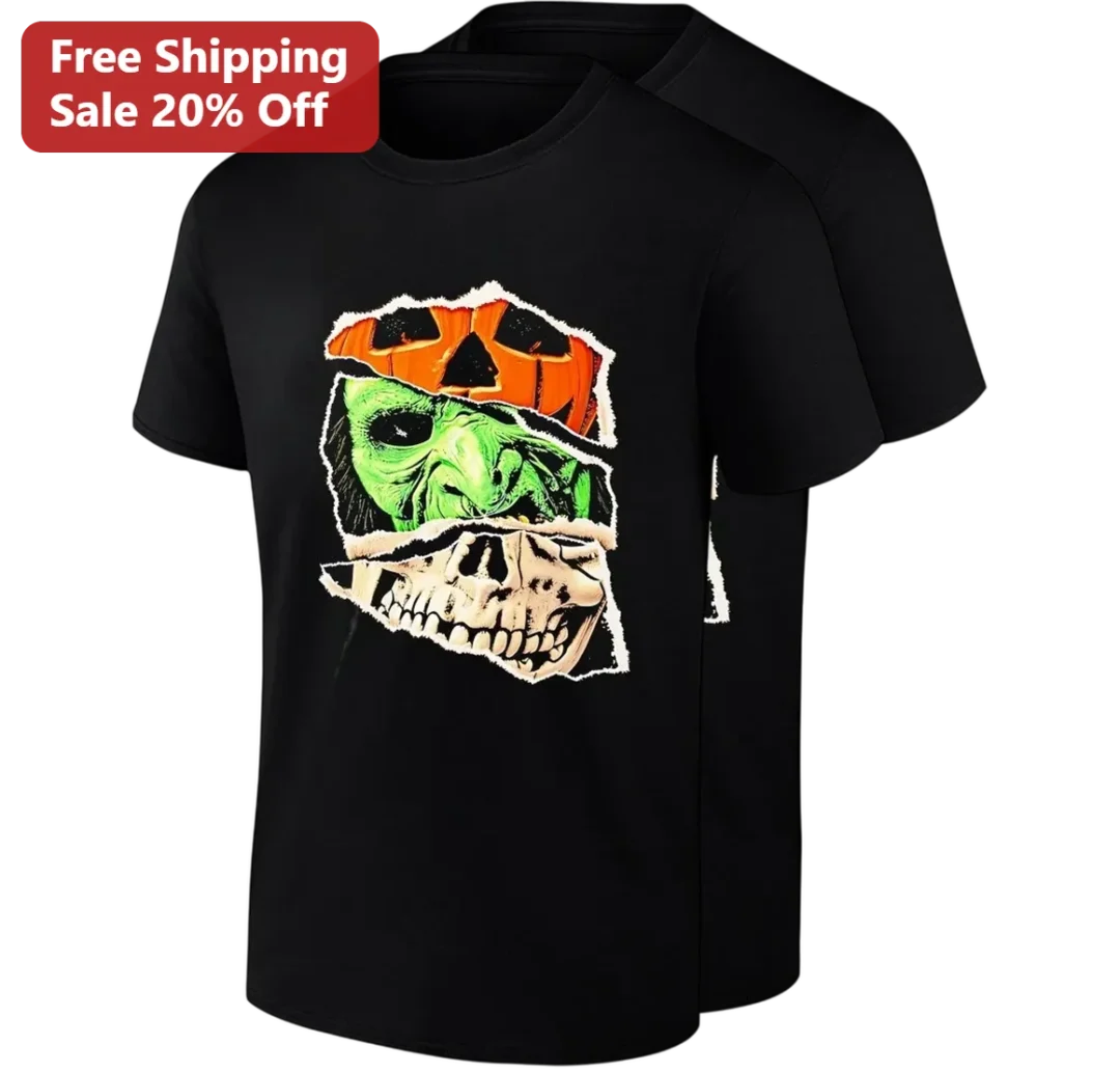 Halloween Monster Collage Graphic Tee Pumpkin Witch Skull Spooky Season Shirt Gift for Horror Fans available at our Los Angeles warehouse