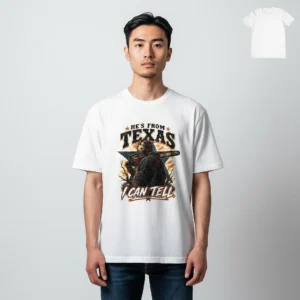 He's From Texas I Can Tell Tee, Leatherface Slasher Horror Movie Vintage Graphic T-Shirt available at our Los Angeles warehouse