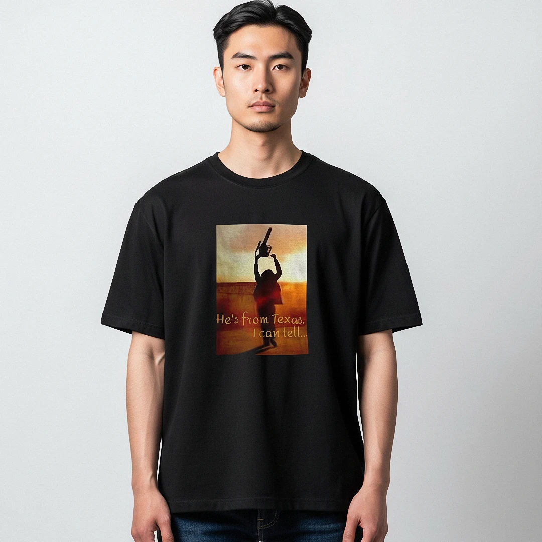 He's From Texas I Can Tell Tee Vintage Leatherface Slasher Horror Movie Shirt available at our Los Angeles warehouse