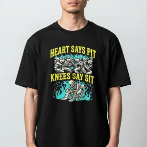 Heart Says Pit Knees Say Sit Tee Funny Skeleton Mosh Pit Graphic T-Shirt for Metalheads and Concert available at our Los Angeles warehouse
