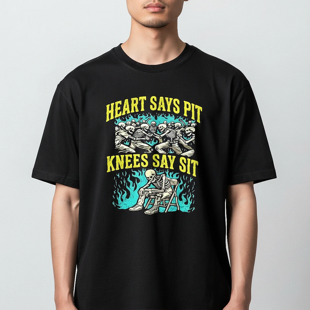 Heart Says Pit Knees Say Sit Tee Funny Skeleton Mosh Pit Graphic T-Shirt for Metalheads and Concert available at our Los Angeles warehouse