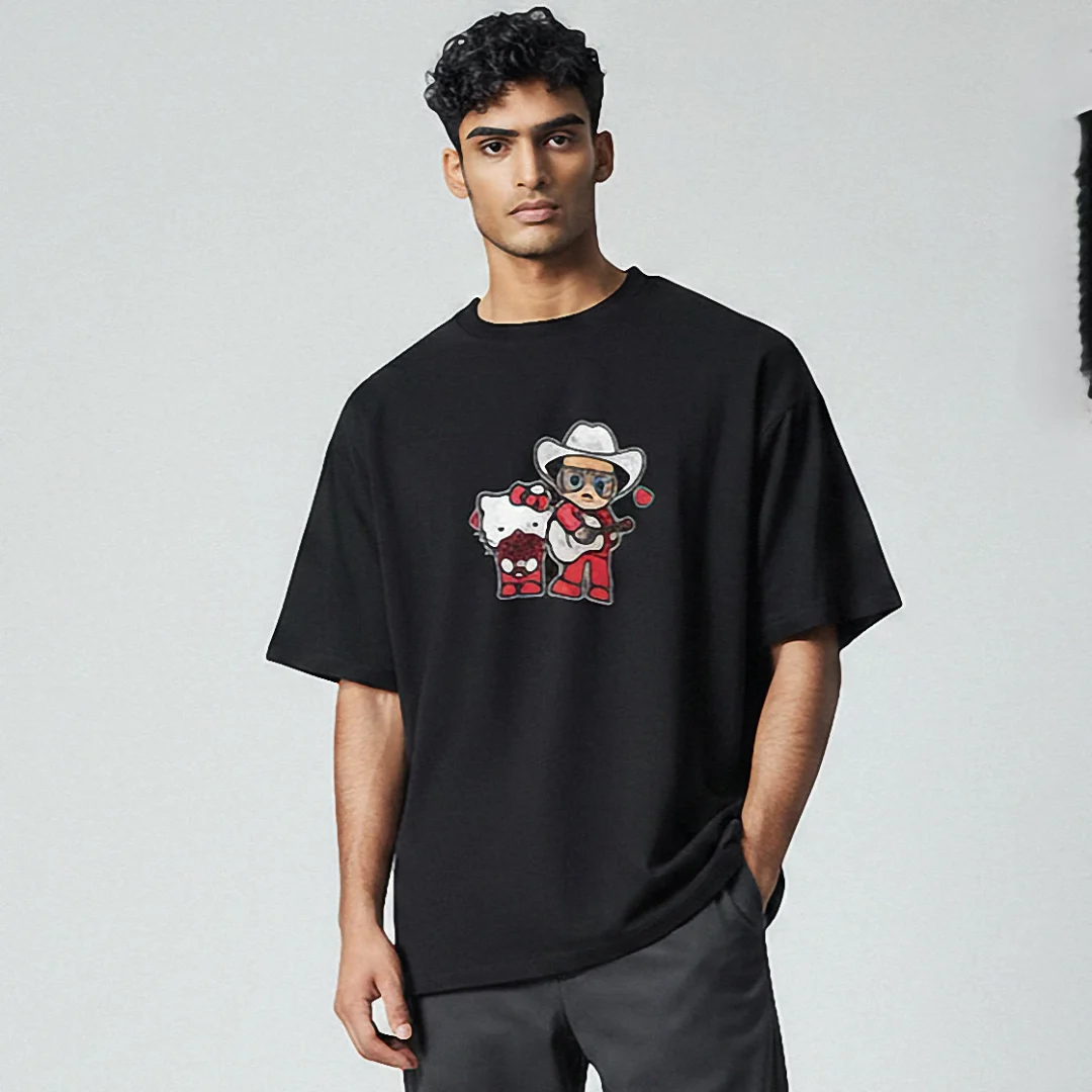 Hello Kitty Tee Cowboy Guitar Graphic Shirt, Western Kawaii Anime Streetwear T-Shirt for Men and Wom available at our Los Angeles warehouse