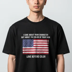 I Care About Your Character Tee American Flag Love Beyond Color Graphic Shirt available at our Los Angeles warehouse