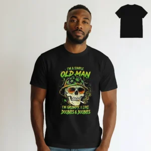 I'm A Simple Old Man I Like Doobies Boobies Tee Funny Grumpy Sarcastic Skull Graphic T-Shirt for Men available at our Los Angeles warehouse