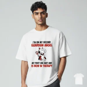 I'm On My Second Guardian Angel Snoopy Devil Graphic Tee Funny Sarcastic Cartoon Shirt available at our Los Angeles warehouse