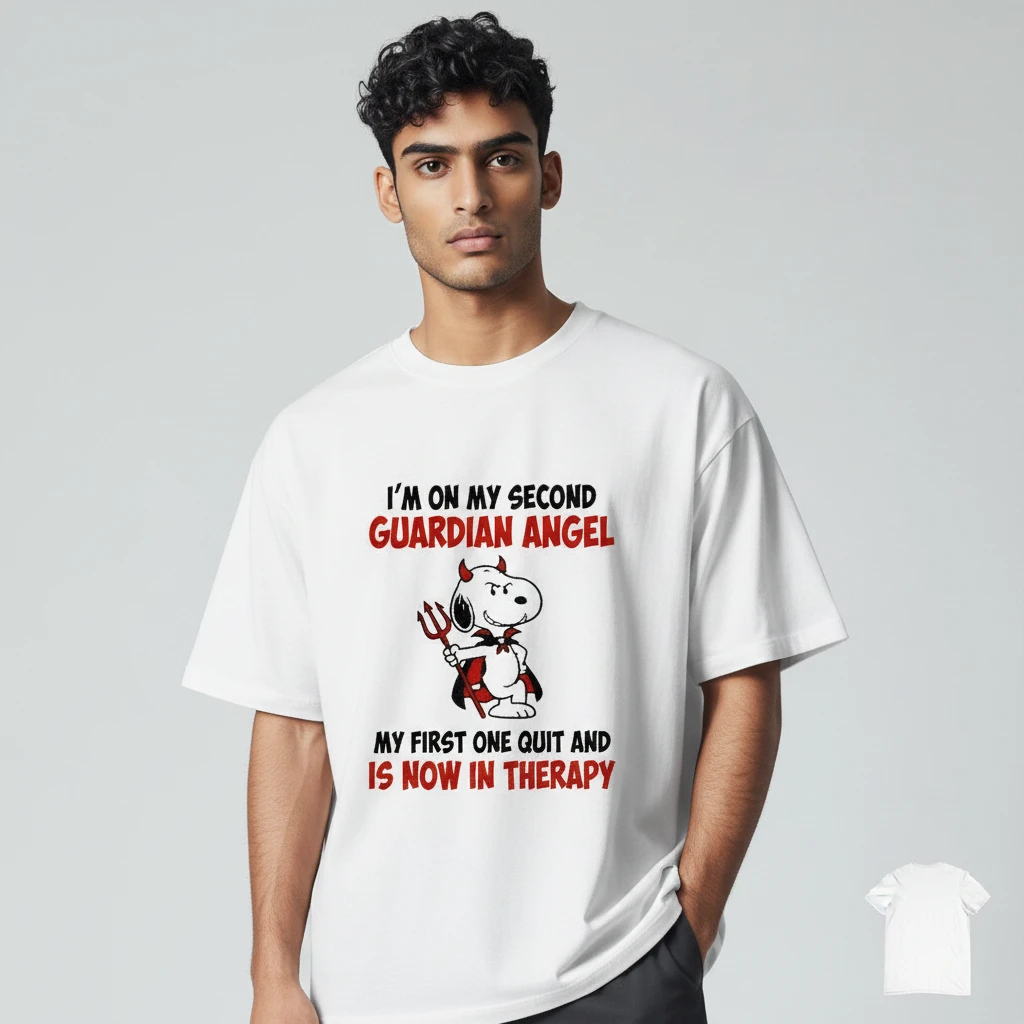 I'm On My Second Guardian Angel Snoopy Devil Graphic Tee Fun — Los Angeles I'm On My Second Guardian Angel Snoopy Devil Graphic Tee Funny Sarcastic Cartoon Shirt available at our Los Angeles warehouse
