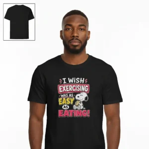 I Wish Exercising Was as Easy as Eating Snoopy Tee, Funny Workout Graphic T-Shirt available at our Los Angeles warehouse