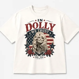 In Dolly We Trust Tee, Vintage Dolly Parton 1946-2026 Country Music Graphic T-Shirt available at our Los Angeles warehouse