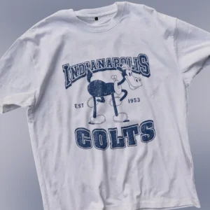 Indianapolis Colts Est 1953 Vintage Mascot Graphic Tee, Retro Football Fan Apparel Shirt available at our Los Angeles warehouse