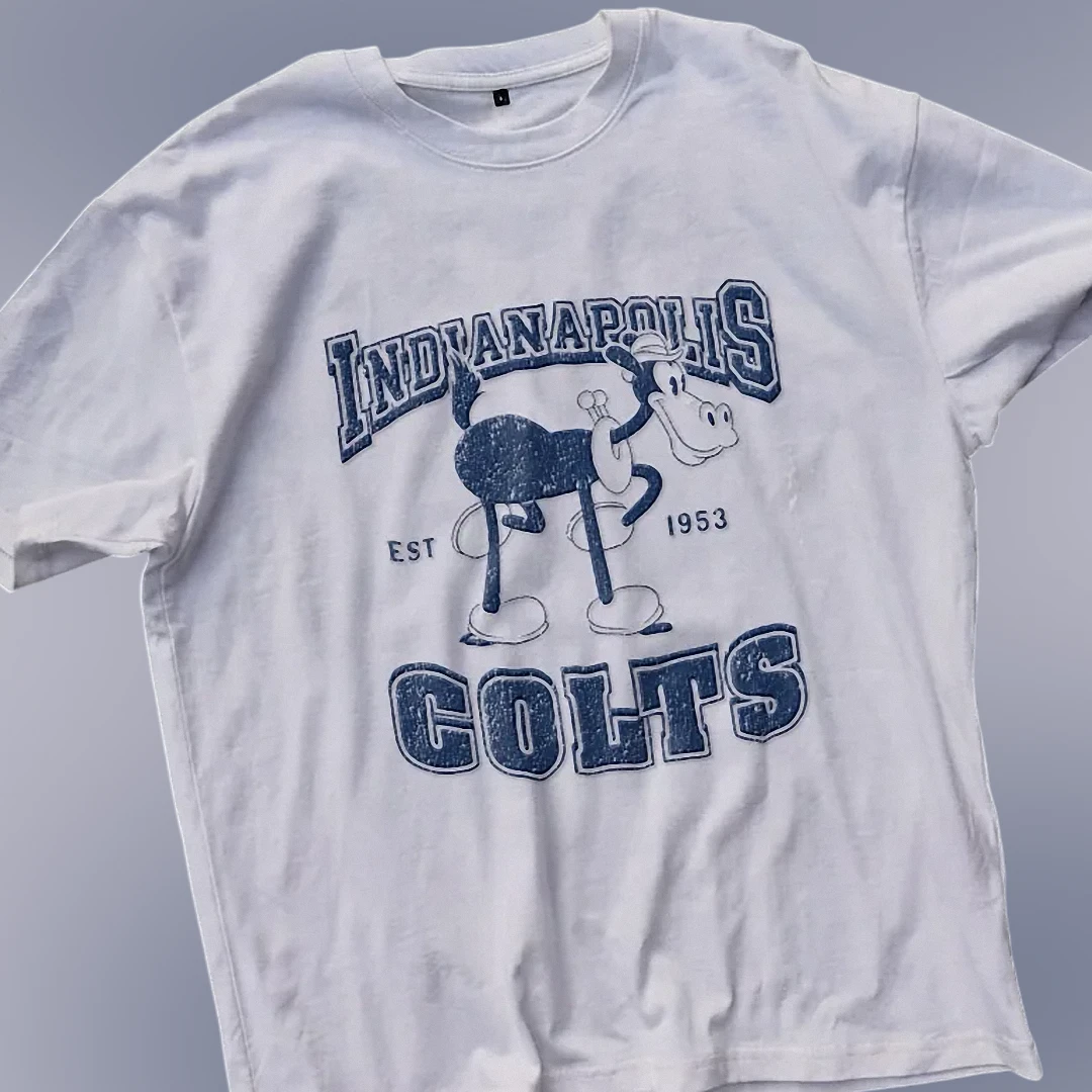 Indianapolis Colts Est 1953 Vintage Mascot Graphic Tee, Retro Football Fan Apparel Shirt available at our Los Angeles warehouse