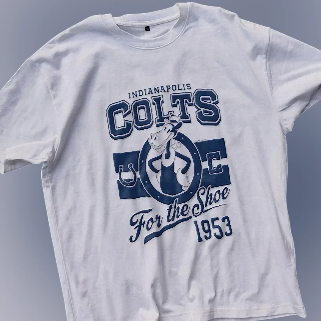 Indianapolis Colts For the Shoe 1953 Tee Vintage Mascot Foot — Los Angeles Indianapolis Colts For the Shoe 1953 Tee Vintage Mascot Football Graphic Shirt available at our Los Angeles warehouse