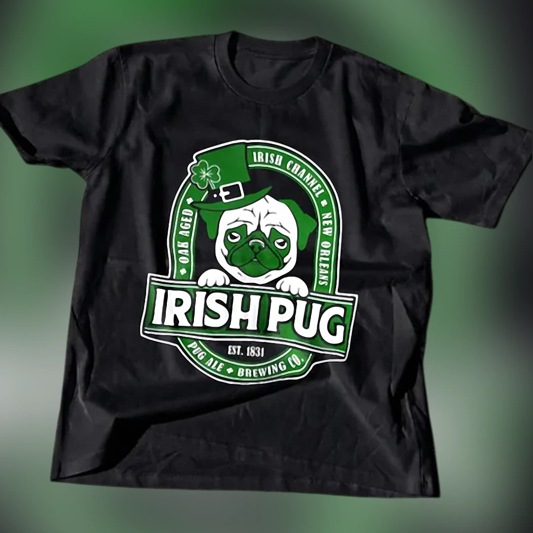 Irish Pug Oak Aged Irish Channel New Orleans Tee Funny Dog Beer Brewing Co Graphic T-Shirt available at our Los Angeles warehouse