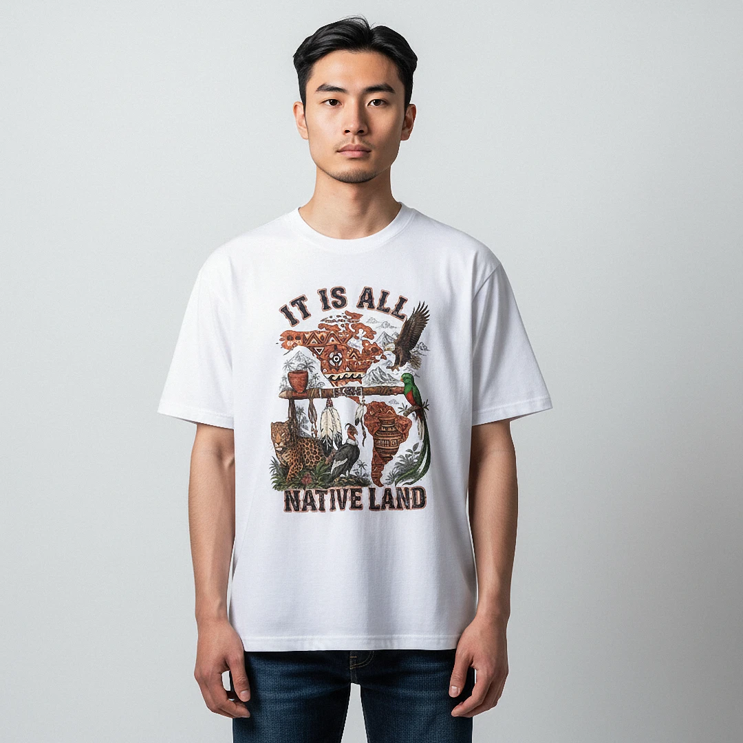 It Is All Native Land Tee, Indigenous Peoples Cultural Heritage Graphic T-Shirt available at our Los Angeles warehouse