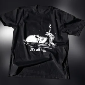 It's All Lies Smoking Skull Graphic Tee, Dark Aesthetic Skeleton Alt Fashion T-Shirt available at our Los Angeles warehouse