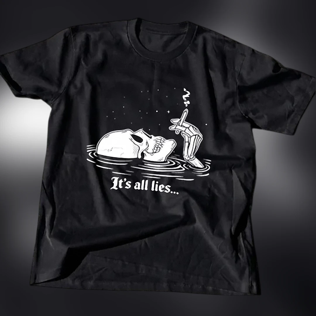 It's All Lies Smoking Skull Graphic Tee, Dark Aesthetic Skeleton Alt Fashion T-Shirt available at our Los Angeles warehouse