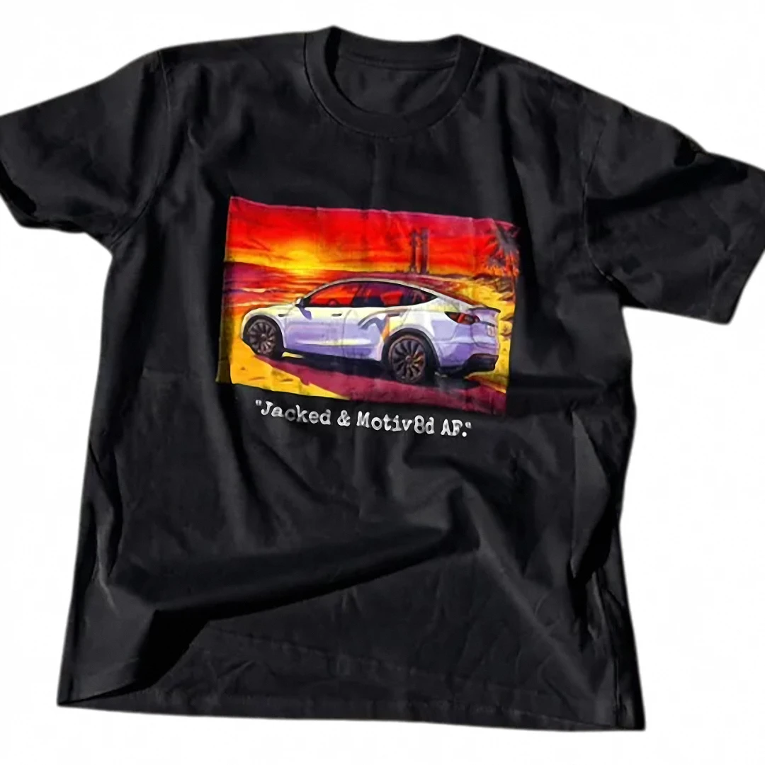 Jacked Motiv8d AF Tee Sunset Car Graphic Shirt for Gym and EV Enthusiasts available at our Los Angeles warehouse