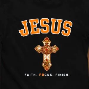 Jesus Faith Focus Finish Tee, Christian Cross Graphic T-Shirt, Motivational Faith Apparel, Religious Church Youth Gift