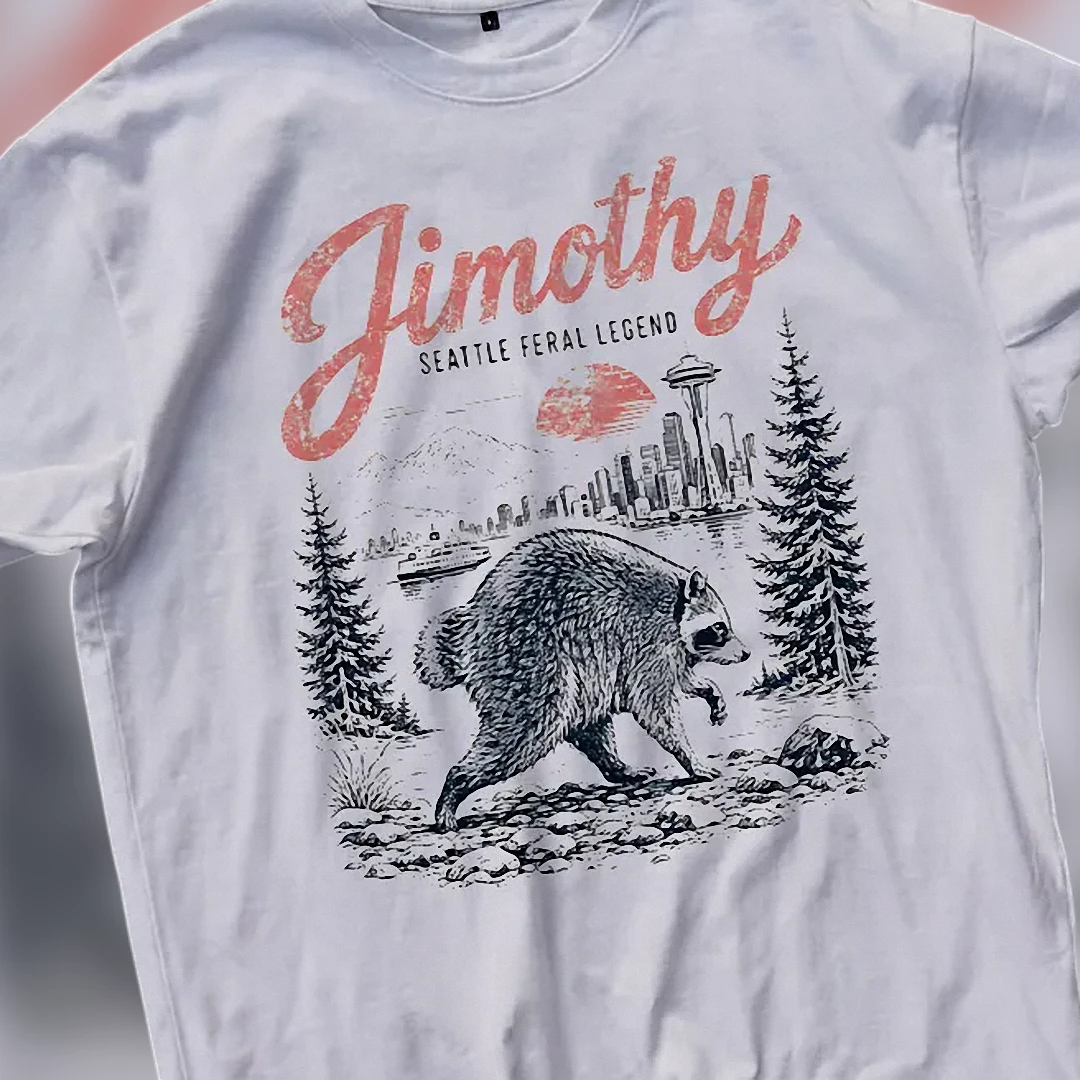 Jimothy Seattle Feral Legend Tee Vintage Raccoon Skyline Graphic T-Shirt