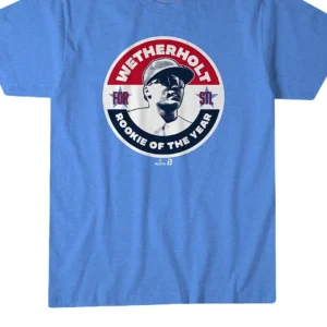 JJ Wetherholt for STL Rookie of the Year Tee, St. Louis Baseball Fan Graphic Shirt available at our Los Angeles warehouse