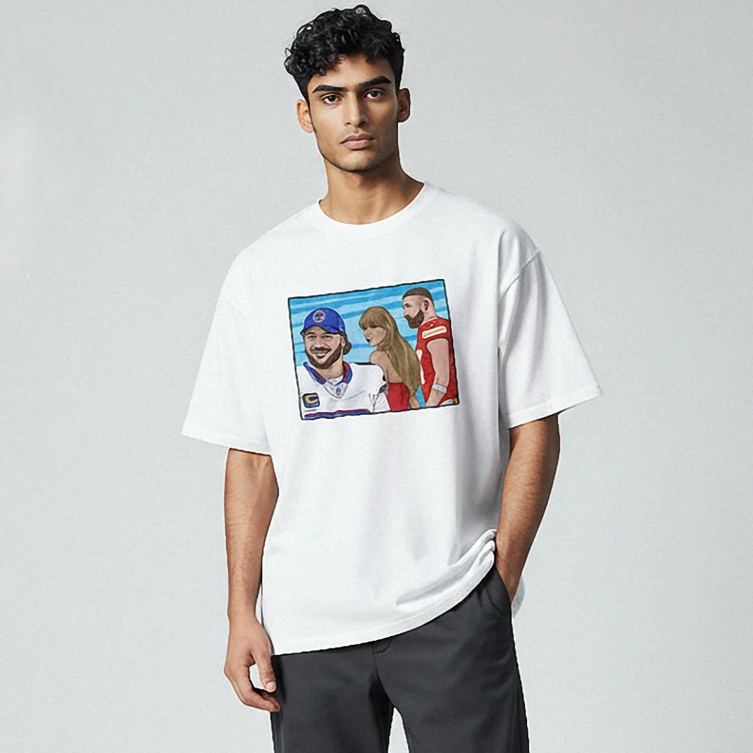 Josh Allen Taylor Swift Travis Kelce Tee, Funny NFL Meme Pop Culture Graphic Shirt available at our Los Angeles warehouse