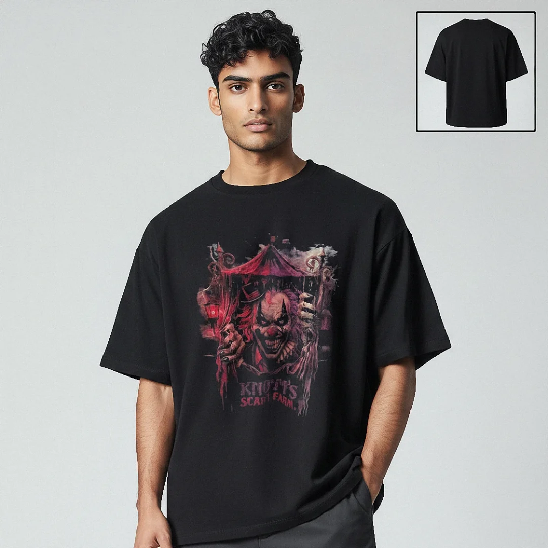 Knott's Scary Farm Tee, Horror Clown Gothic Circus Halloween Graphic T-Shirt for Men and Women available at our Los Angeles warehouse