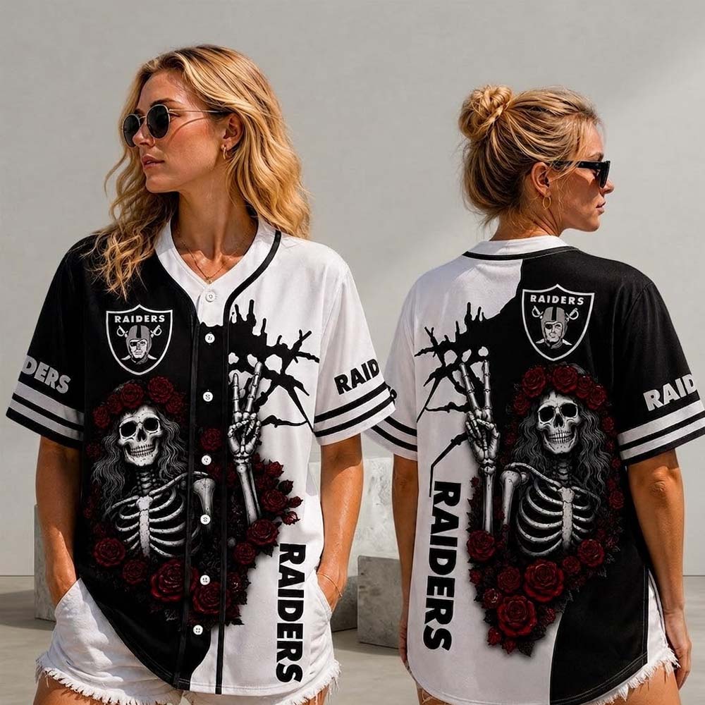 Las Vegas Raiders Baseball Jersey Gothic Skeleton and Red Roses Split Color Button Up