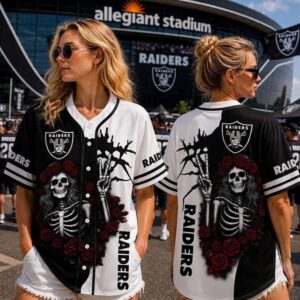 Las Vegas Raiders Baseball Jersey Gothic Skeleton and Red Roses Split Color Button Up