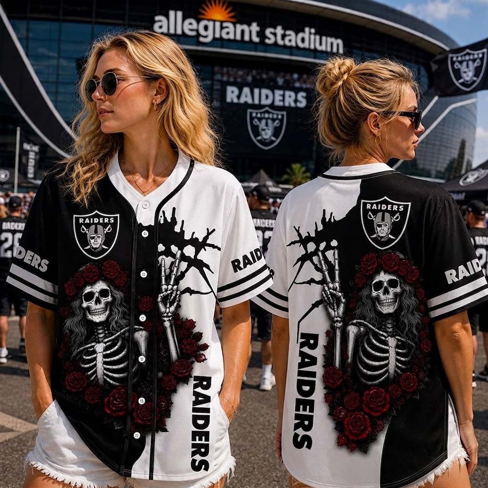 Las Vegas Raiders Baseball Jersey Gothic Skeleton and Red Roses Split Color Button Up