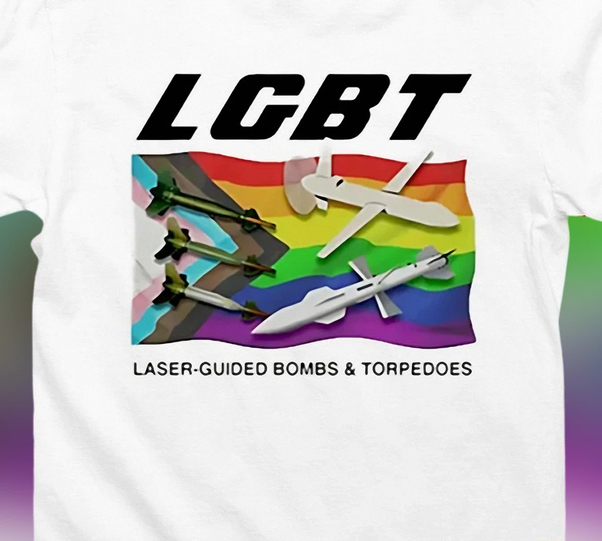 lgbt-laser-guided-bombs-torpedoes-tee-funny-pride-flag-parody-graphic-shirt.webp LGBT Laser-Guided Bombs Torpedoes Tee Funny Pride Flag Parody Graphic Shirt