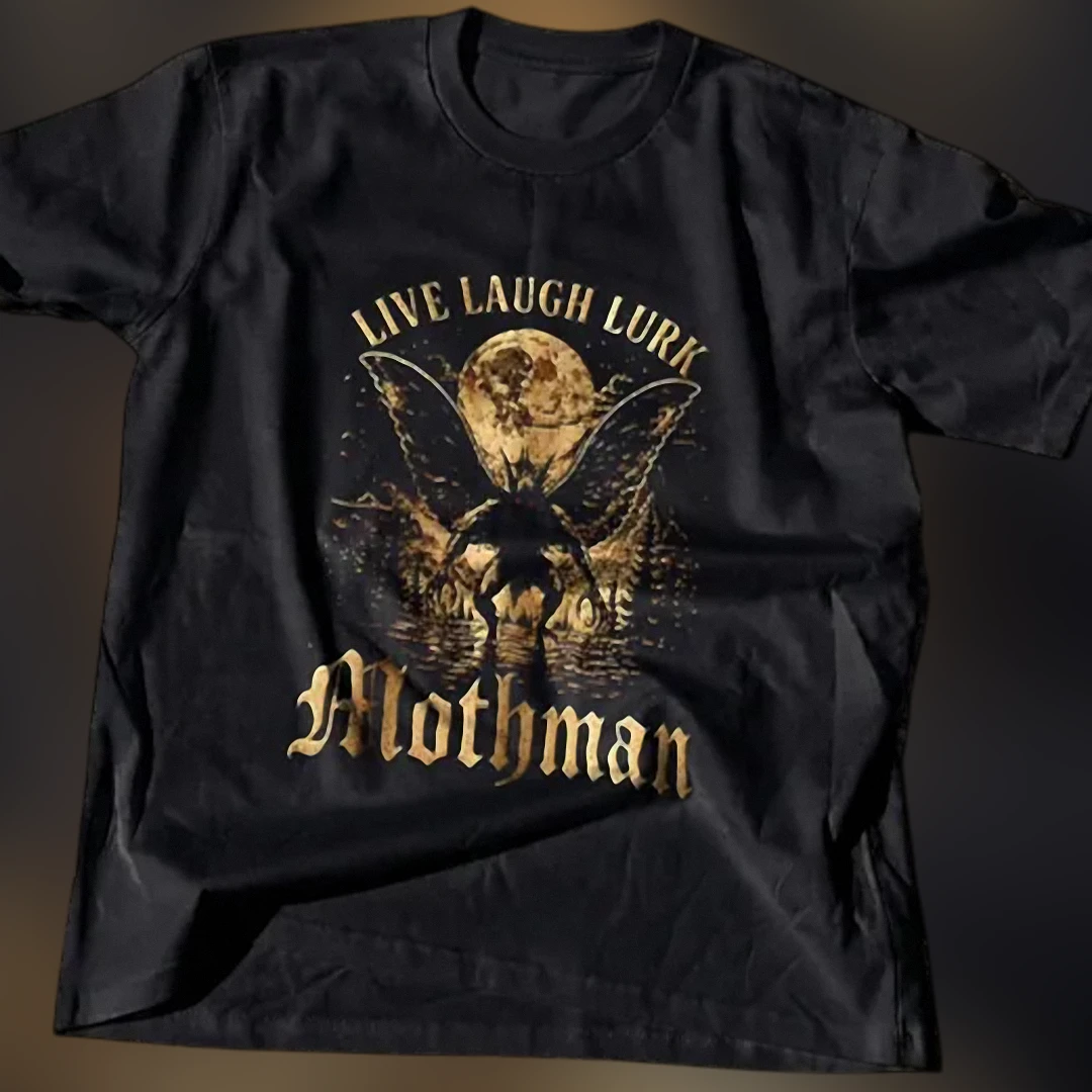 Live Laugh Lurk Mothman Tee Funny Cryptid Horror Graphic T-Shirt for Men and Women available at our Los Angeles warehouse