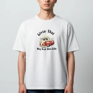 Livin' That Big Red Bus Life Tee Vintage Camper Van Graphic Shirt for Travel Lovers available at our Los Angeles warehouse