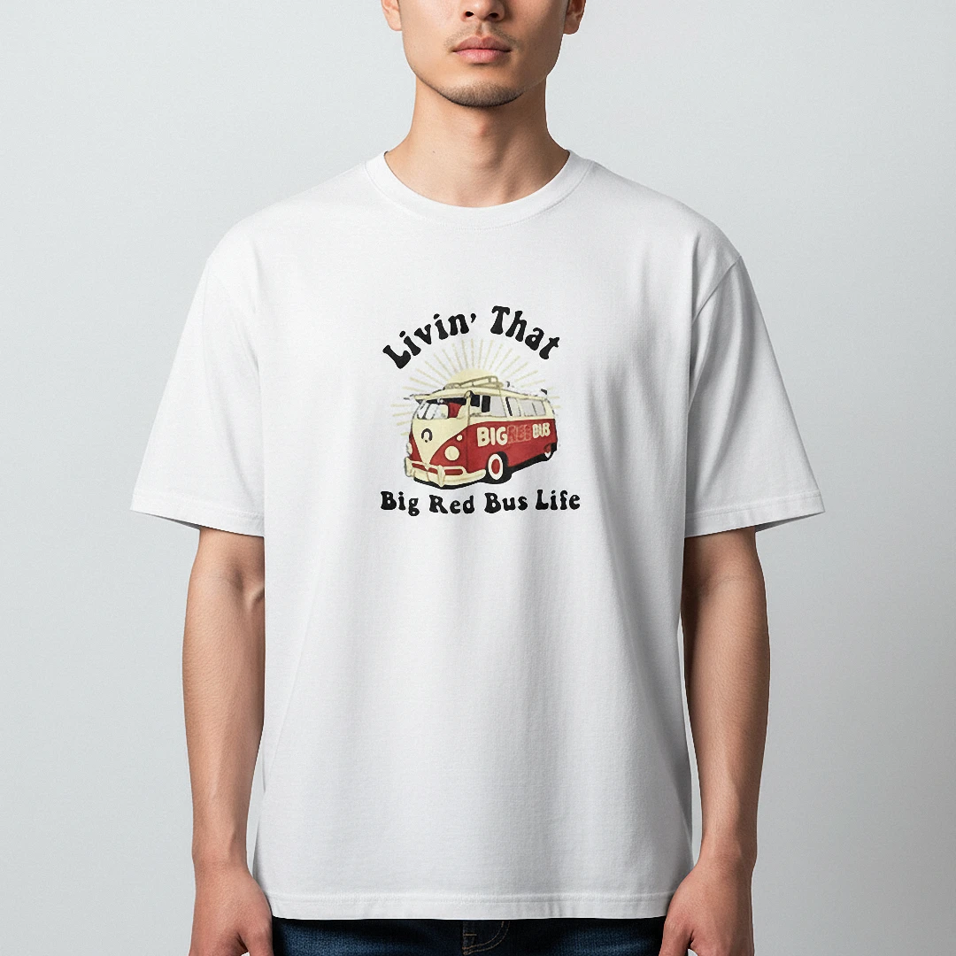 Livin' That Big Red Bus Life Tee Vintage Camper Van Graphic Shirt for Travel Lovers available at our Los Angeles warehouse
