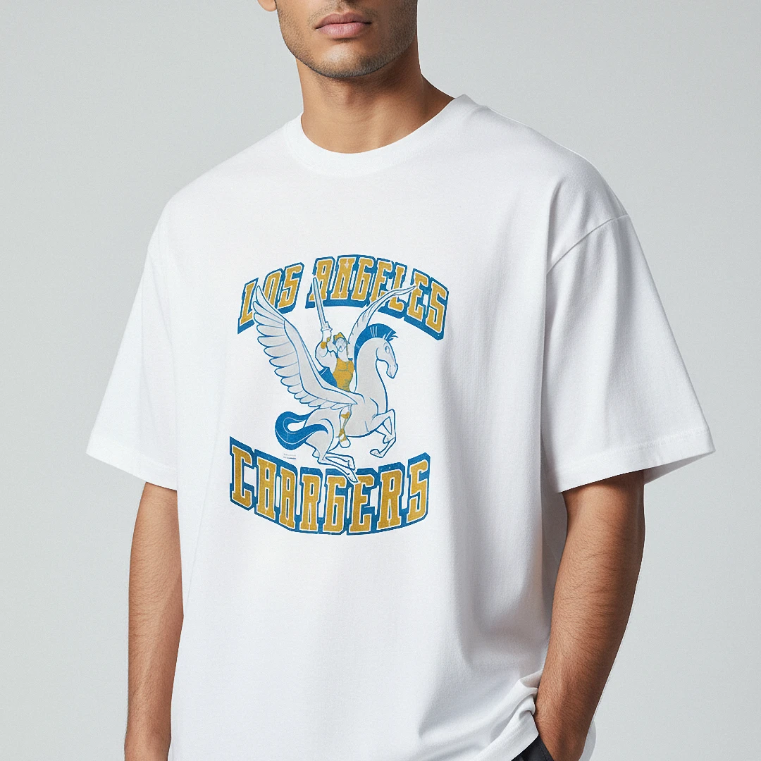 Los Angeles Chargers Hercules Pegasus Vintage Graphic Tee, R — Los Angeles Los Angeles Chargers Hercules Pegasus Vintage Graphic Tee, Retro Game Day Apparel T-Shirt available at our Los Angeles warehouse