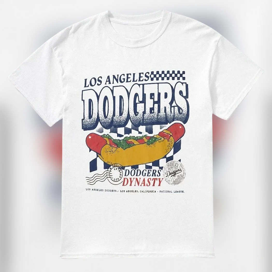 Los Angeles Dodgers Dynasty Hot Dog Tee, Vintage LA Baseball Stadium Graphic T-Shirt for Game Day