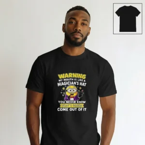 Magician Minion Warning My Mouth Graphic Tee Funny Sarcastic Slogan T-Shirt for Men available at our Los Angeles warehouse