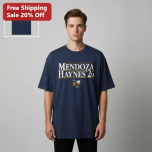 Mendoza Haynes '26 Tee Georgia Tech Yellow Jackets Football Game Day Gift for Fans on a hanger, ready to ship from Los Angeles
