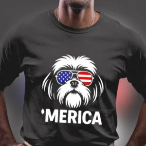Merica Patriotic Dog Sunglasses Graphic Tee Funny Shih Tzu USA Flag Shirt for Dog Lovers