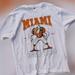 Miami Estb Florida Vintage Mascot Football Sports Fan Tee available at our Los Angeles warehouse