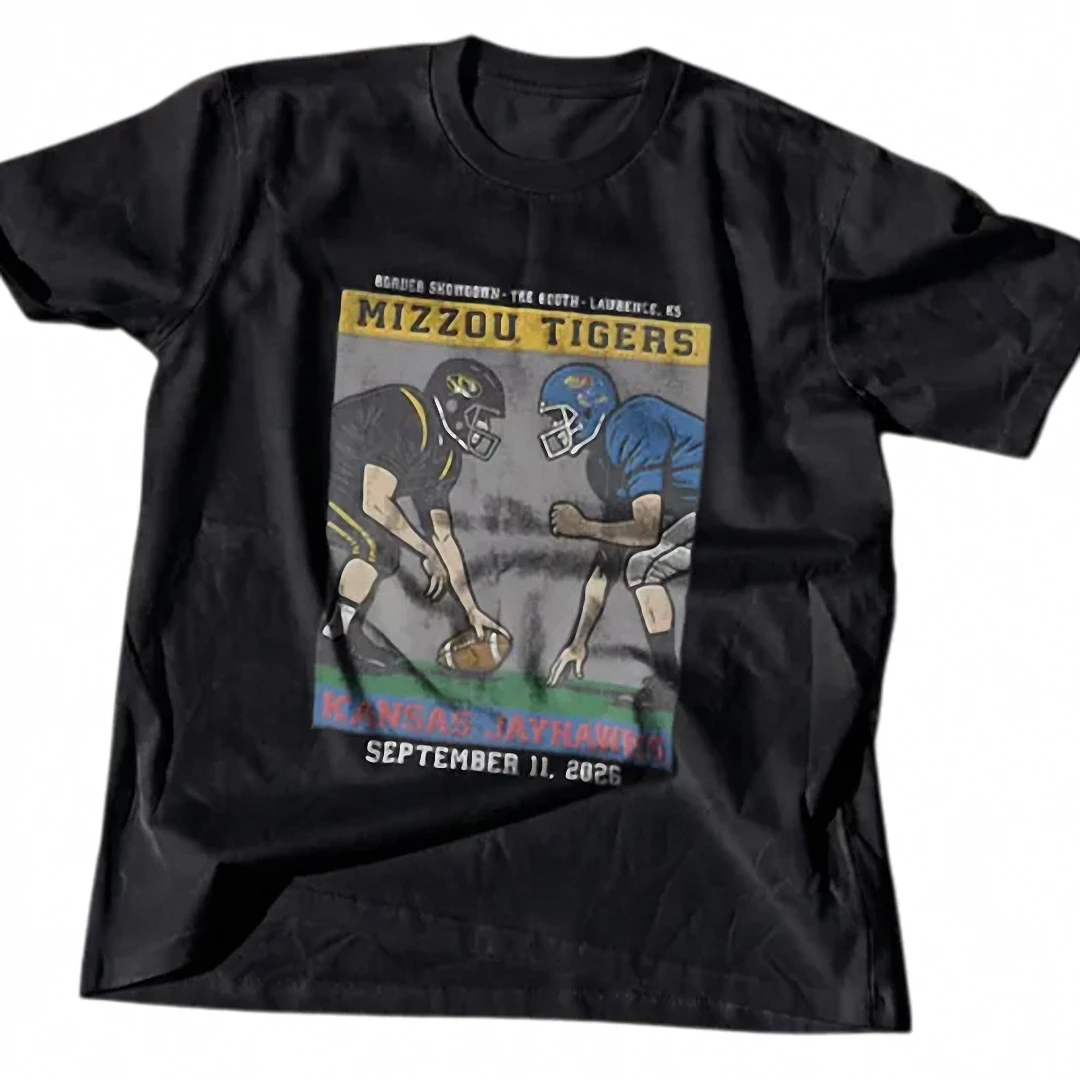 Mizzou Tigers Kansas Jayhawks Border Showdown Tee, Vintage Border War College Football Rivalry Shirt available at our Los Angeles warehouse