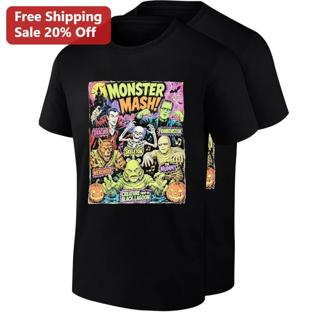 Monster Mash Halloween Tee Classic Monsters Dracula Frankenstein Werewolf Mummy Skeleton Creature Fr available at our Los Angeles warehouse