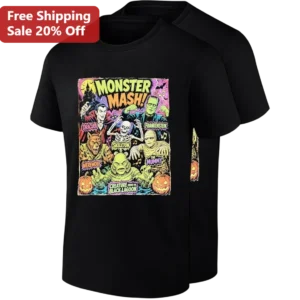 Monster Mash Halloween Tee Classic Monsters Dracula Frankenstein Werewolf Mummy Skeleton Creature Fr available at our Los Angeles warehouse