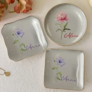 Morning Glory Floral Trinket Dish, Personalized Ceramic Ring Dish Jewelry Tray, Botanical Vanity Catchall Gift for Her