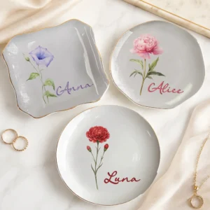 Morning Glory Floral Trinket Dish, Personalized Ceramic Ring Dish Jewelry Tray, Botanical Vanity Catchall Gift for Her