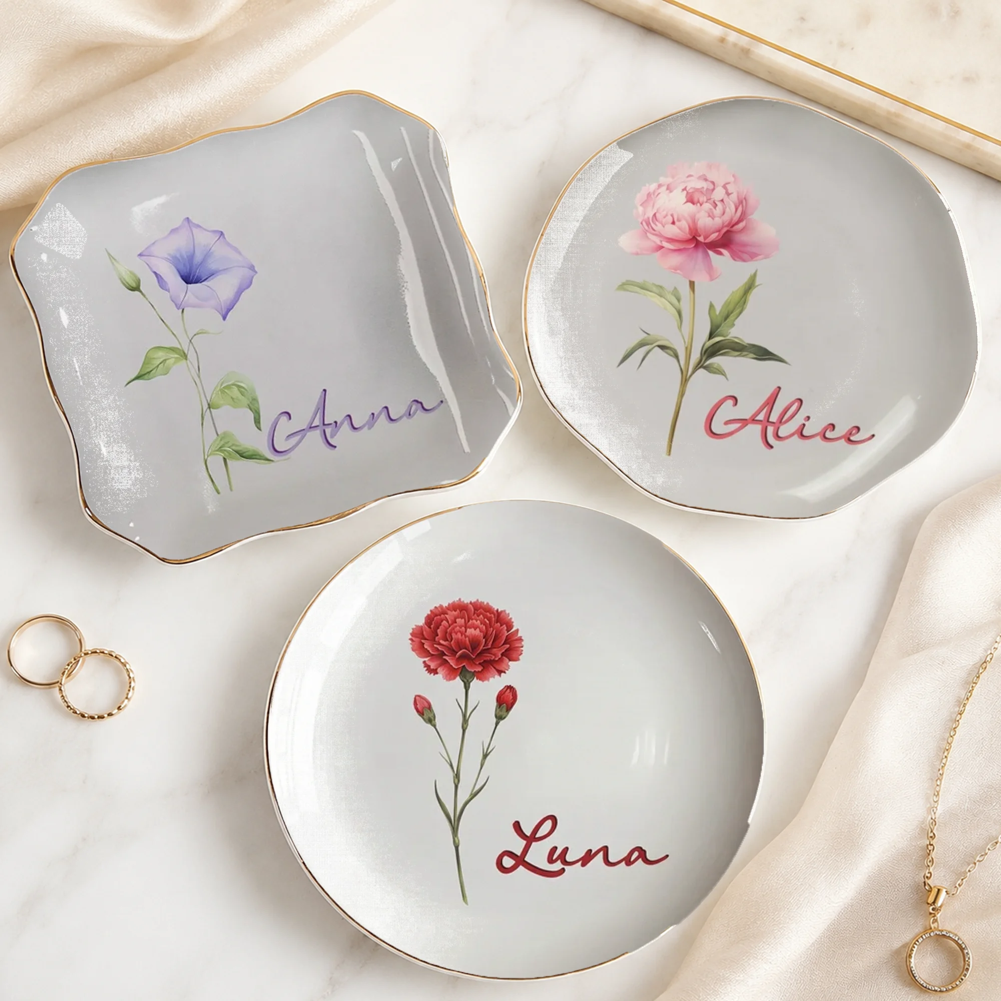 Morning Glory Floral Trinket Dish, Personalized Ceramic Ring Dish Jewelry Tray, Botanical Vanity Catchall Gift for Her