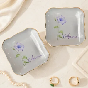 Morning Glory Floral Trinket Dish, Personalized Ceramic Ring Dish Jewelry Tray, Botanical Vanity Catchall Gift for Her