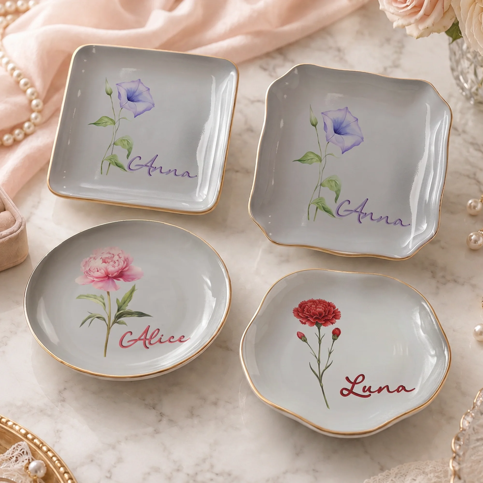 Morning Glory Floral Trinket Dish, Personalized Ceramic Ring Dish Jewelry Tray, Botanical Vanity Catchall Gift for Her