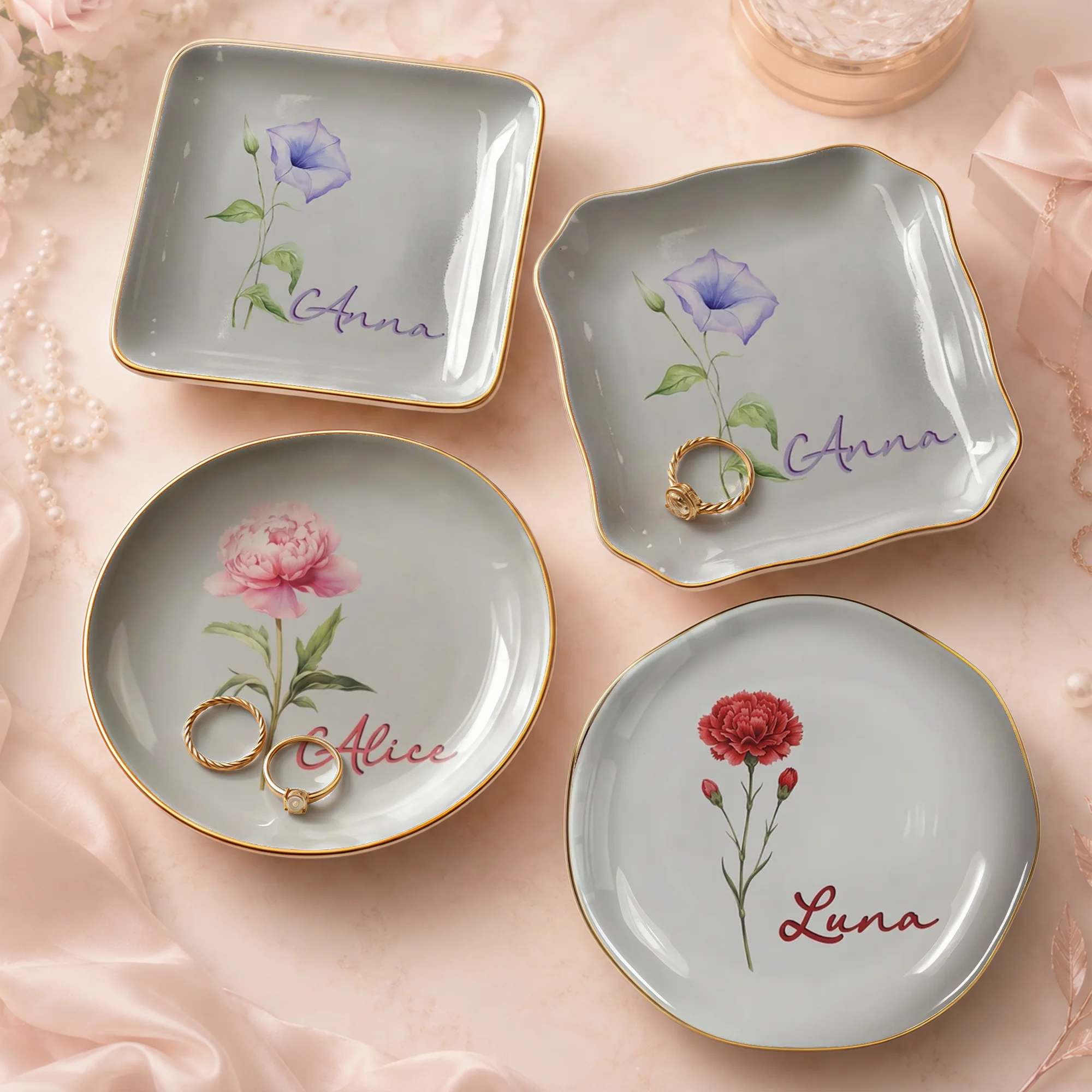 Morning Glory Floral Trinket Dish, Personalized Ceramic Ring Dish Jewelry Tray, Botanical Vanity Catchall Gift for Her